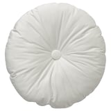 Round white cushion, velvet, center button, recycle fill.