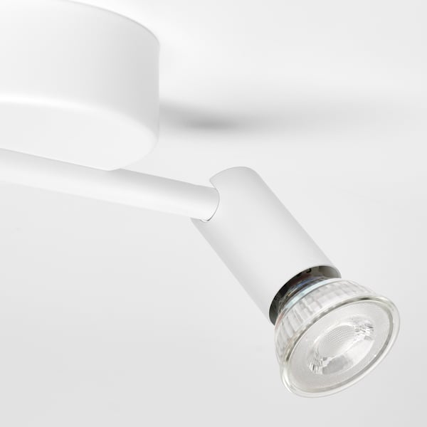Modern white ceiling light with two adjustable spotlights, neat and sleek design.