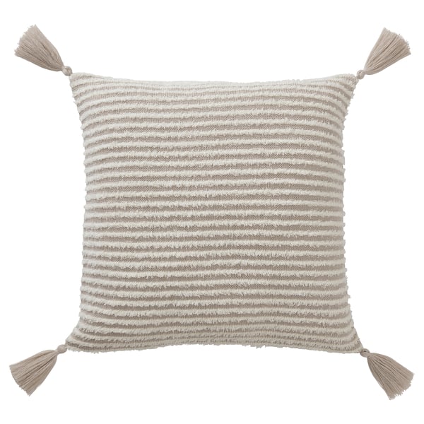 KRYPLJUNG pillow, natural striped covers, soft material, square shape, with tassels.