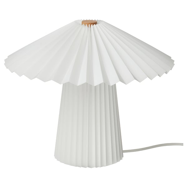 KUDDLAVA lamp, white. Modern, pleated design with wooden top, emits soft light.