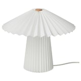 KUDDLAVA lamp, white. Modern, pleated design with wooden top, emits soft light.