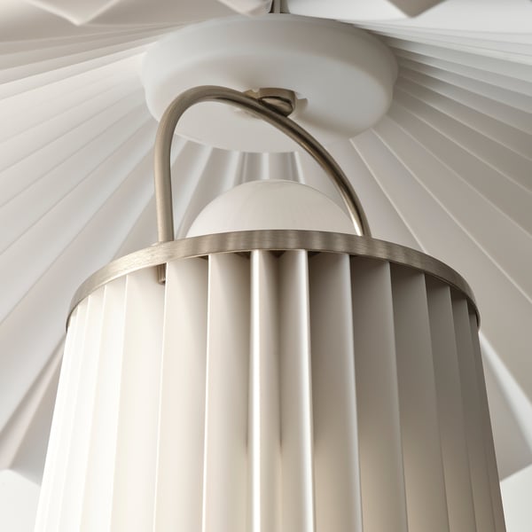 Modern hanging lamp with pleated shade and metallic arm.