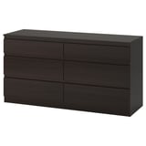 Dark wood 6-drawer dresser. Rectangular shape, simple design.