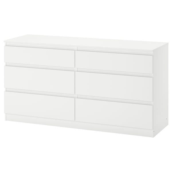 A KULLEN white chest of drawers with six compartments. Its rectangular, sleek, and modern, ideal for storing clothes and bedding.