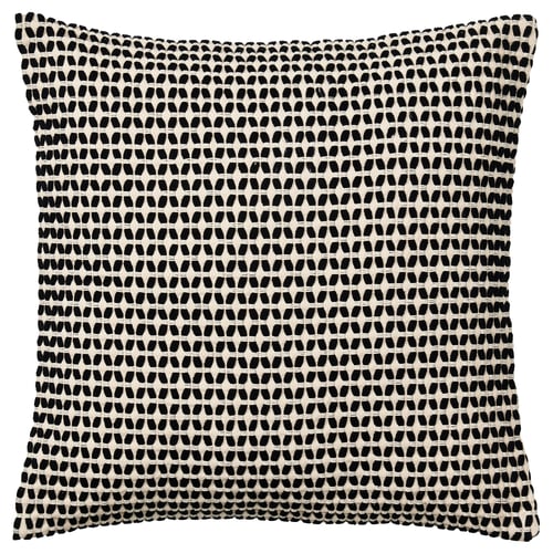 KUSTFLY pillow: square, beige with black woven pattern, zipper.