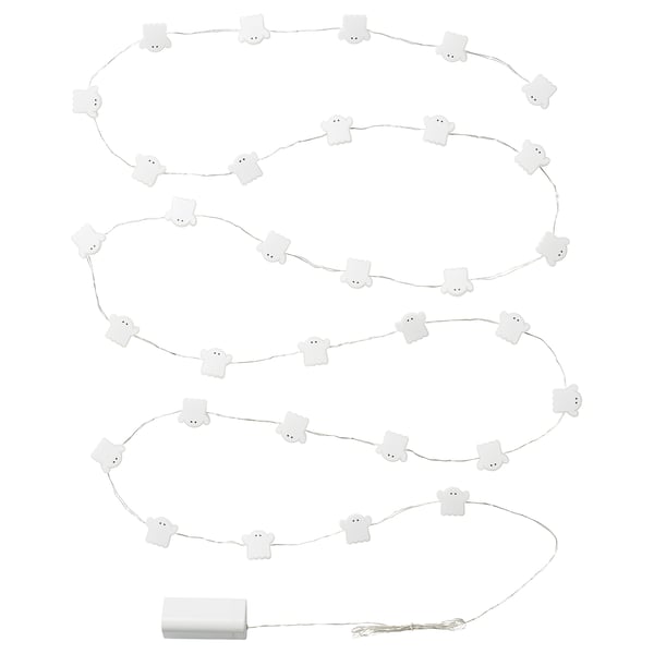 Halloween string lights: KUSTFYR, white, ghostly shapes, battery-powered, eerie design.