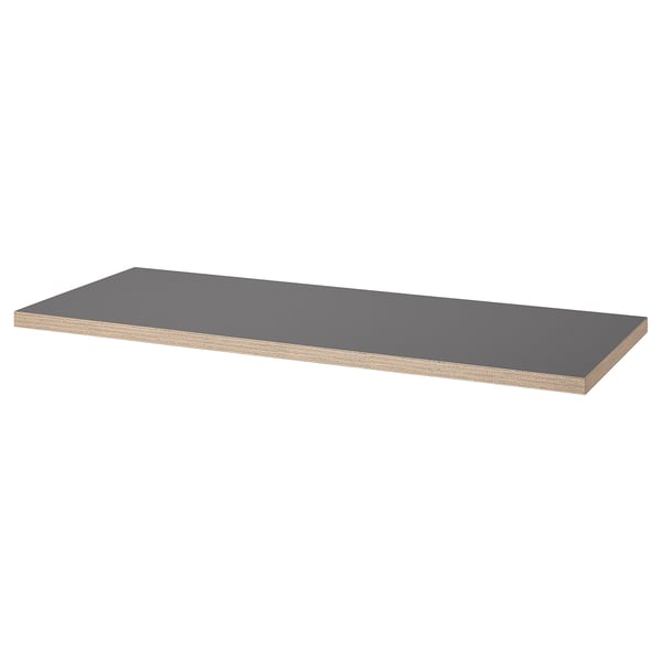 LAGKAPTEN desk: gray top, steel legs, rectangular shape, minimalist design.