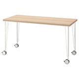 LAGKAPTEN: light wooden desk with white metal legs and wheels. Simple, minimalist design.