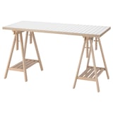 Wooden sawhorses with birch legs, adjustable, and patterned fiberboard tabletop.