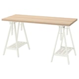 Printed white desk with light wooden top, adjustable legs, sturdy design, ideal for home or office.