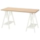 Printed white desk with light wooden top, adjustable legs, sturdy design, ideal for home or office.
