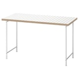 A white IKEA LAGKAPTEN table with a light brown top and white metal legs. It has a rectangular shape and a grid-patterned design.