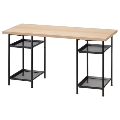 Modern light wooden desk with black metal legs and shelves. Minimalist and practical design.