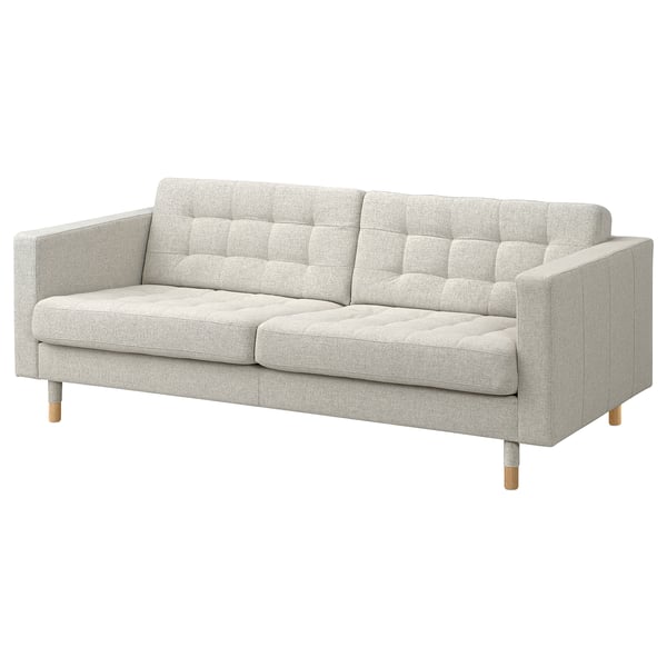 Light grey LANDSKRONA sofa with wooden legs, cushioned for comfort.