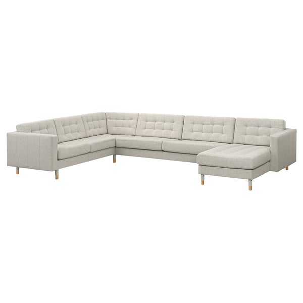 Modern light grey l-shaped sofa, upholstered fabric with wooden legs, tufted design, corner and chaise.