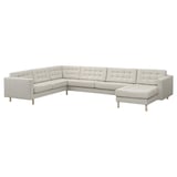 Modern light grey l-shaped sofa, upholstered fabric with wooden legs, tufted design, corner and chaise.