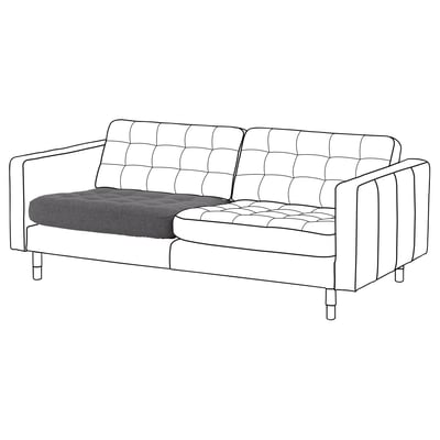 A white upholstered sofa named LANDSKRONA with a dark grey seat cushion. It a tufted back and seat, supported by angular legs.