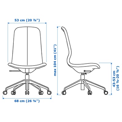 White LÅNGFJÄLL office chair with curved back, light fabric seat, and star base with five castors. Modern design, ideal for business settings.