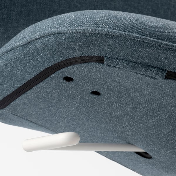 Close-up of LÅNGFJÄLL chairs seat and castor. Soft, durable fabric with stainless details. Modern design, high-quality construction.