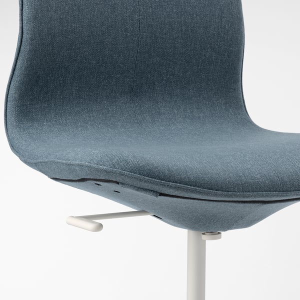 Close-up of LÅNGFJÄLL office chairs lumbar support and height-adjustable seat.