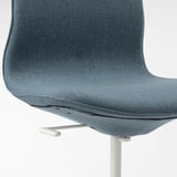 Close-up of LÅNGFJÄLL office chairs lumbar support and height-adjustable seat.