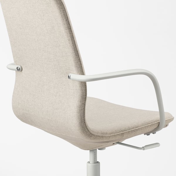 Office chair with high back, beige fabric, adjustable height and armrests.