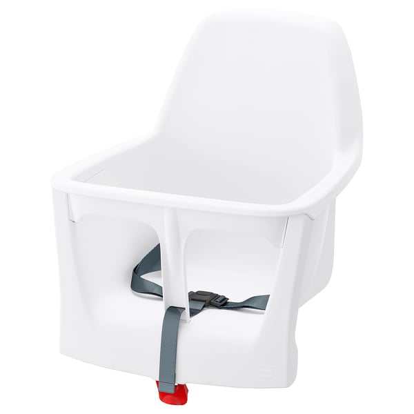 White LANGUR child safety seat with grey belt, sleek design for easy cleaning.