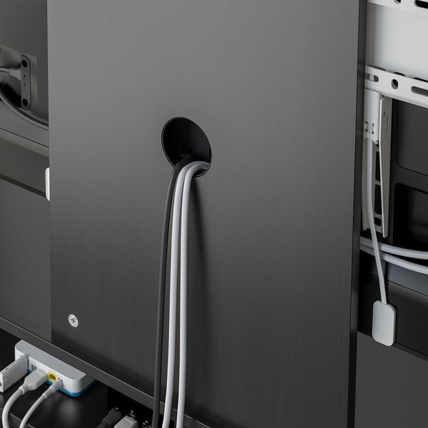 Black-brown tv stand with integrated cable management, featuring a round cable hole for neat wire organization.