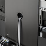 Black-brown tv stand with integrated cable management, featuring a round cable hole for neat wire organization.