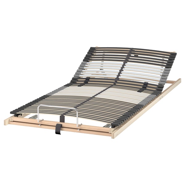 LEIRSUND bed base: adjustable firmness slats, curved support, birch frame, light wood color.