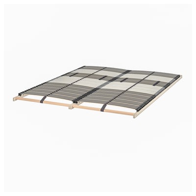 LEIRSUND bed base, black, curved wooden slats, beech plywood frame, rectangular.
