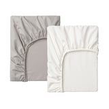 Two fitted sheets displayed, one grey, one white, elastic edges for secure fit.