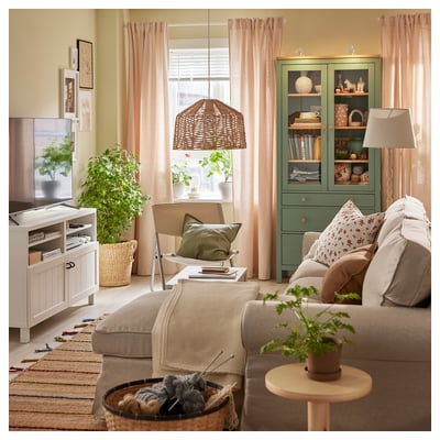 Light pink LENDA curtains, cotton with ribbed texture, tied back.