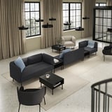 Modern living room with LILLEHEM modular sofa in gray, black coffee tables, black pendant lights, and large windows with beige curtains.