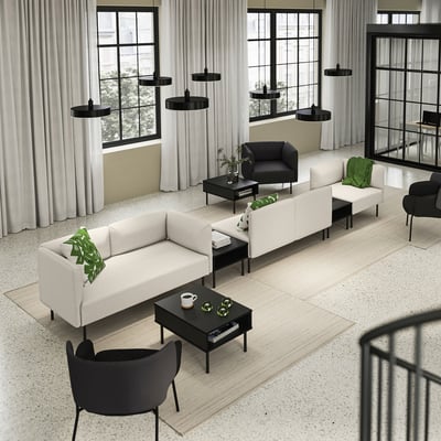 Modern living room with LILLEHEM modular sofas in white, black pendant lights, and large windows.