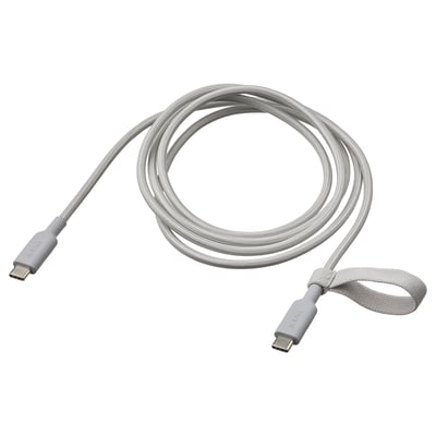 Displays a light grey, braided usb-c cable by LILLHULT. Its 1. 5 m long with rubber ends and an elastic band for tangle-free storage.