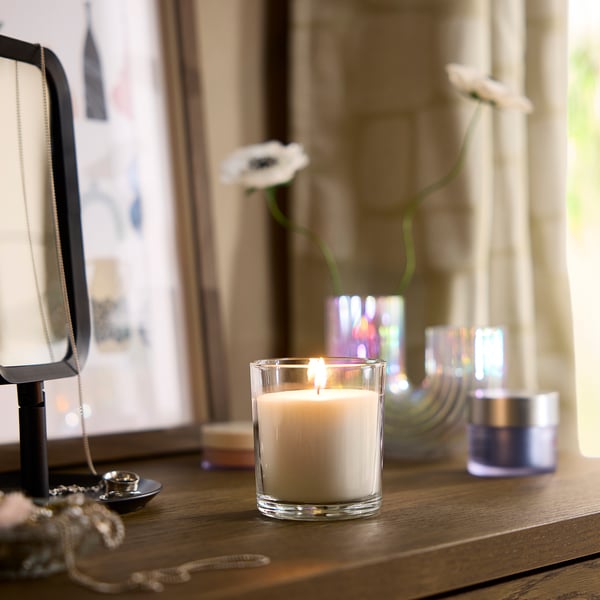 LOTSFÅGEL Scented candle in glass, Fresh linen white, 40 hr