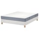 LYNGÖR bed base, white with wooden legs, supports vesteröy mattress, light blue and white, rectangular.