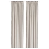 Beige and white striped curtains with heading tape, made from recycled polyester.