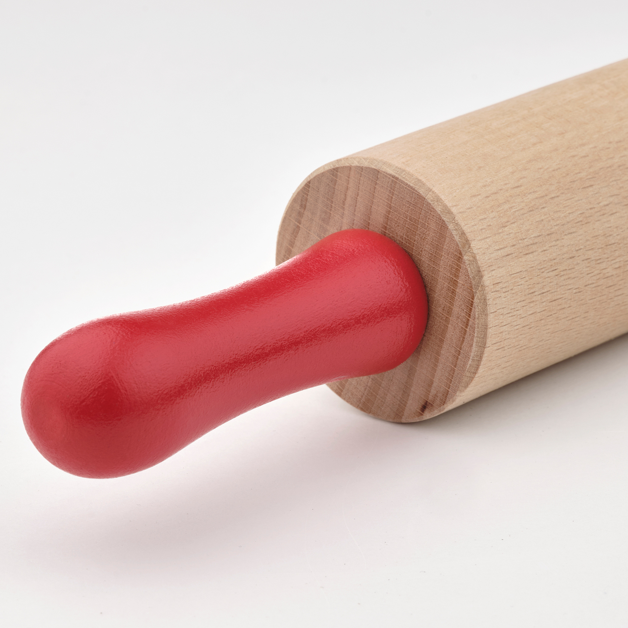 Wooden rolling pin with red handle. High-quality, smooth surface for easy use. Ideal for rolling dough. Beechwood body, durable design.