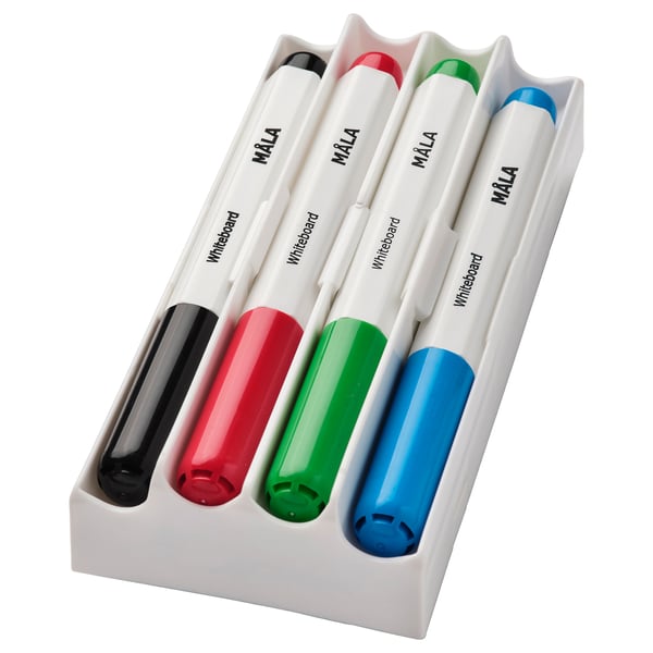Set of 4 MÅLA whiteboard pens, black, red, green, blue, with plastic case.
