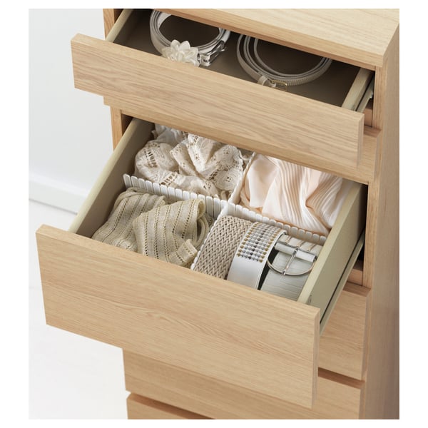 MALM Chest of 6 drawers, white stained oak veneer/mirror glass, 40x123