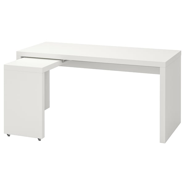 White ikea MALM desk with pull-out extension, minimalist design, hidden cable shelf.