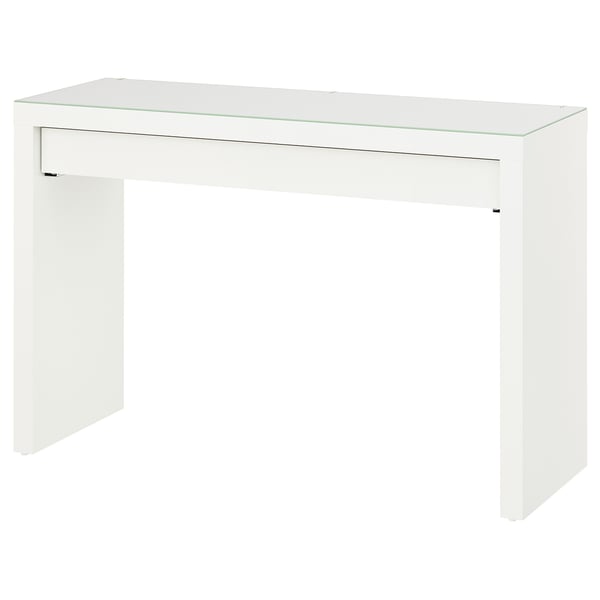 MALM white desk, glass top, modern, minimalist design, clean lines.