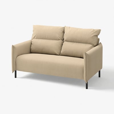 MANNARP beige sofa, smooth fabric, metal legs, two cushions.