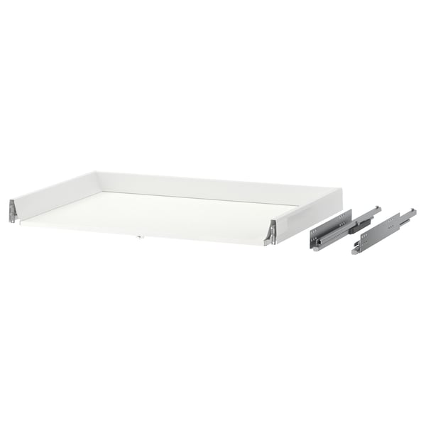 A white MAXIMERA drawer with metal runners. It has a sleek, rectangular design and is equipped for smooth, self-closing functionality.