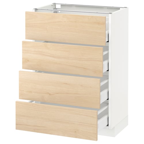 METOD kitchen unit with 4 wooden drawers in light ash, white frame, full-depth pull-out drawers.