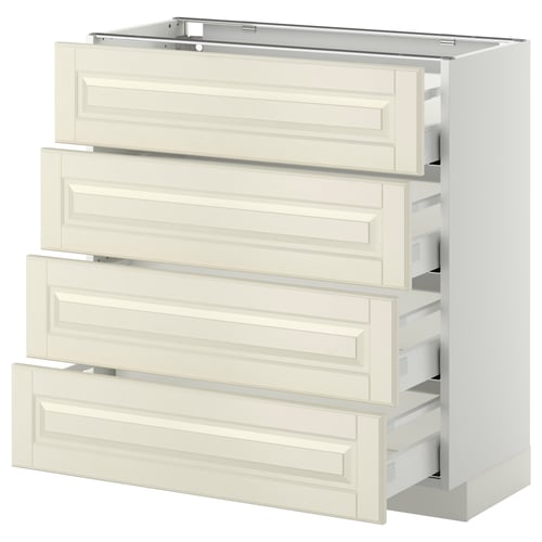 A white METOD kitchen cabinet with four bodbyn drawers, featuring off-white, beveled edges, and self-closing mechanisms.