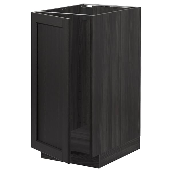 Black METOD kitchen base cabinet, rectangular, wood grain, solid ash door, flush design.