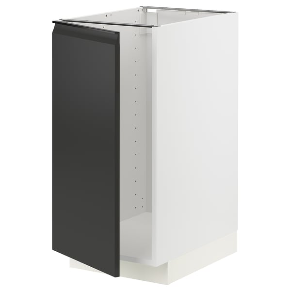 White kitchen cabinet with black door, modern design, square shape.